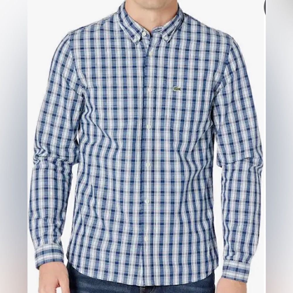 - LACOSTE blue plaid cotton button down L